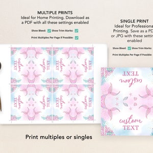 May include: Printable mermaid tail design with the text "custom text" in pink and blue colors. The design is ideal for creating personalized labels, tags, or cards.