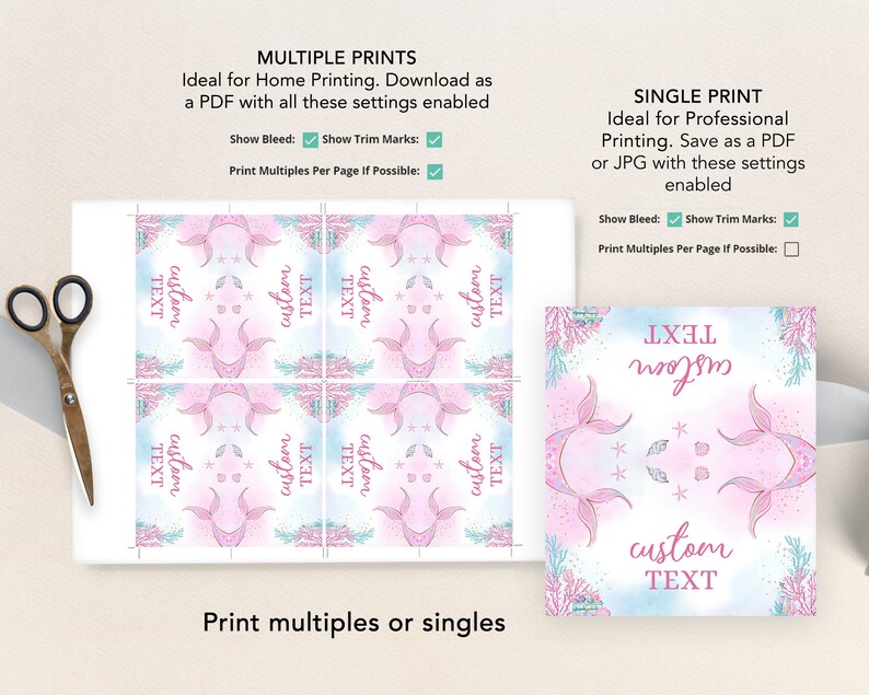 May include: Printable mermaid tail design with the text "custom text" in pink and blue colors. The design is ideal for creating personalized labels, tags, or cards.