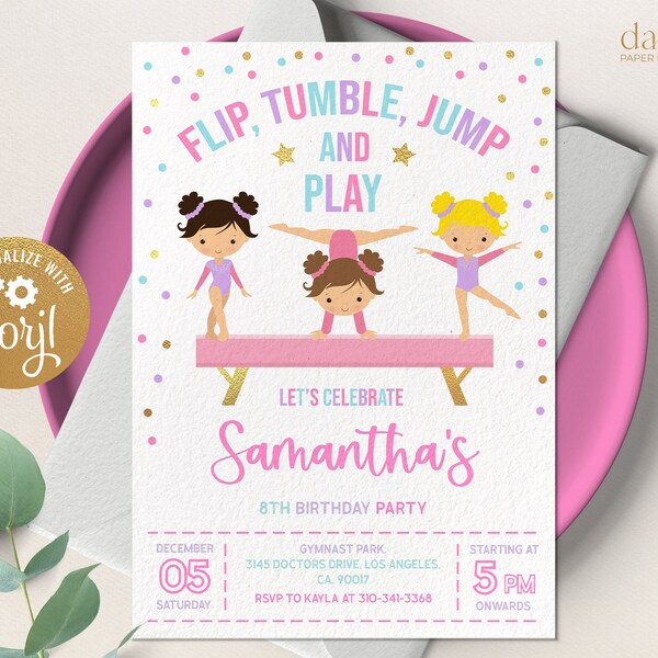 Gymnastics Birthday Invitation, EDITABLE Gymnastics Party Invitation Template, Girl Gymnastics Birthday Party Invite, Instant Download KP035