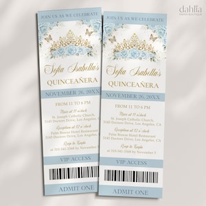 Himmelblau-Gold Quinceamaßa Tiara Ticket-Einladung, EDITIERBARE Rosen-Schmetterling-Party-Vorlage, Mis Quince Anos, Blumen 15.Geburtstags-Einladung Q034