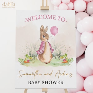 EDITIERBARE Peter Rabbit Babyparty Willkommensschild, DIY rustikales Mädchen Bunny Aquarell Banner, rosa Ballon Frühlingsbrunch, Instant Download, BS133