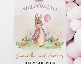 EDITABLE Peter Rabbit Baby Shower Welcome Sign, DIY Rustic Girl Bunny Watercolor Banner, Pink Balloon Spring Brunch, Instant Download, BS133