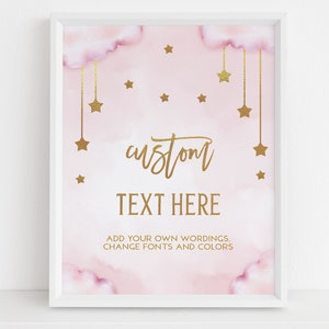 Twinkle Twinkle Little Star Custom Text Sign, EDITABLE Moon and Stars Birthday or Baby Shower, Pink & Gold Party Decor, Instant Download
