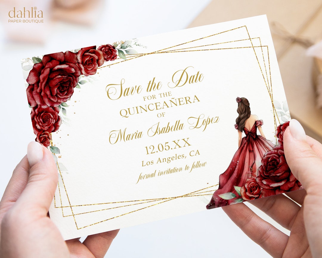 Quinceañera Save the Date Template, Burgundy Red and Gold Princess, Mis