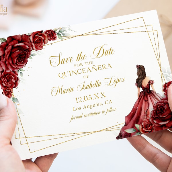 Quinceañera Save the Date Template, Burgundy Red and Gold Princess, Mis Quince Anos Card, Printable 15th Birthday, Instant Download, Q041