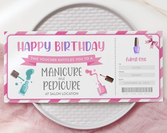 Manicure Pedicure Gift Certificate Template, Editable Birthday Mani Pedi, Nail Salon Spa Day Voucher Ticket Girlfriend Wife Mom Printable