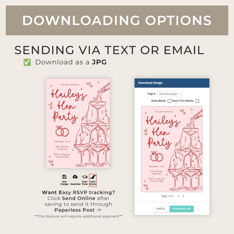 May include: A pink and red printable invitation for a hen party with a champagne glass tower illustration. The text reads "You are invited to Hailey's Hen Party".