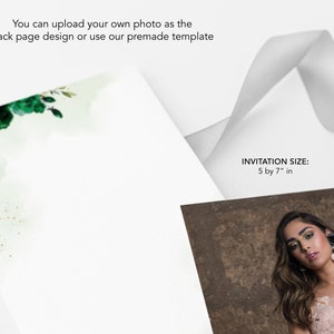 Puede incluir: Una plantilla de invitaci&oacute;n en blanco con un dise&ntilde;o floral verde en el lado izquierdo. El texto "INVITATION SIZE: 5 by 7" in" est&aacute; en el lado derecho de la imagen.