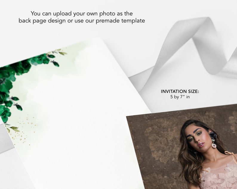 Puede incluir: Una plantilla de invitaci&oacute;n en blanco con un dise&ntilde;o floral verde en el lado izquierdo. El texto "INVITATION SIZE: 5 by 7" in" est&aacute; en el lado derecho de la imagen.