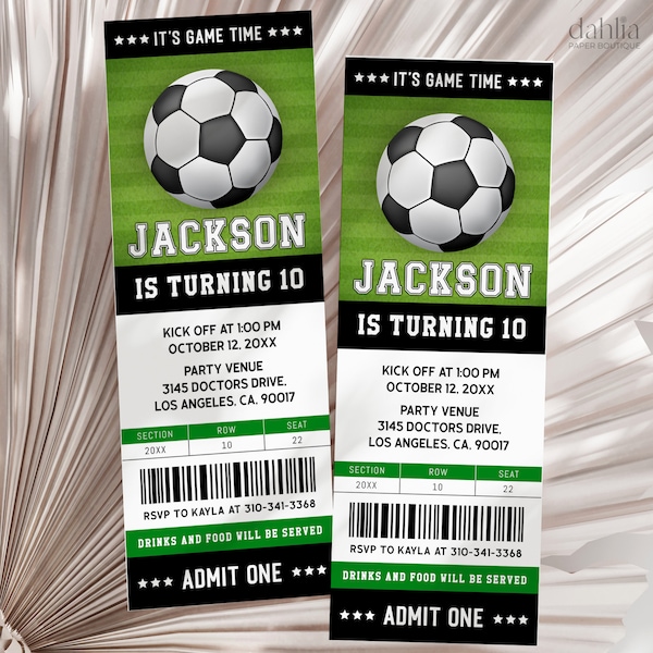 Voetbal Ticket verjaardagsuitnodiging, voetbal Ticket uitnodigen sjabloon, Soccer Party Kids, digitale bewerkbare afdrukbare, Instant Download, KP267