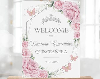 Letrero de bienvenida para quinceañera en rosa ruborizado y