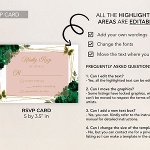 Puede incluir: Una tarjeta RSVP rosa y dorada con detalles florales verdes y mariposas doradas. La tarjeta tiene una secci&oacute;n para que los invitados respondan a la invitaci&oacute;n con las opciones de aceptar con alegr&iacute;a, indicar el n&uacute;mero de asistentes o declinar con pesar. La tarjeta mide 5 por 3,5 pulgadas.