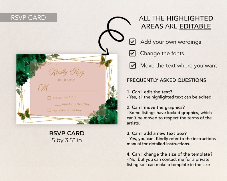 Puede incluir: Una tarjeta RSVP rosa y dorada con detalles florales verdes y mariposas doradas. La tarjeta tiene una secci&oacute;n para que los invitados respondan a la invitaci&oacute;n con las opciones de aceptar con alegr&iacute;a, indicar el n&uacute;mero de asistentes o declinar con pesar. La tarjeta mide 5 por 3,5 pulgadas.