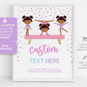 Puede incluir: Un dise&ntilde;o digital imprimible con tres chicas haciendo una pose de gimnasia en una viga de equilibrio rosa. El dise&ntilde;o es personalizable con texto y colores. El texto en la imagen dice "custom text here".