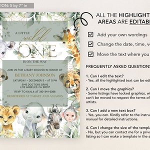 Pu&ograve; includere: Un invito a un baby shower verde e dorato con un'illustrazione ad acquerello di animali della giungla. Il testo recita "A Little Wild One is on the Way". L'invito include il nome del bambino, la data, l'ora e il luogo. Il testo "All the highlighted areas are editable" &egrave; incluso anche.