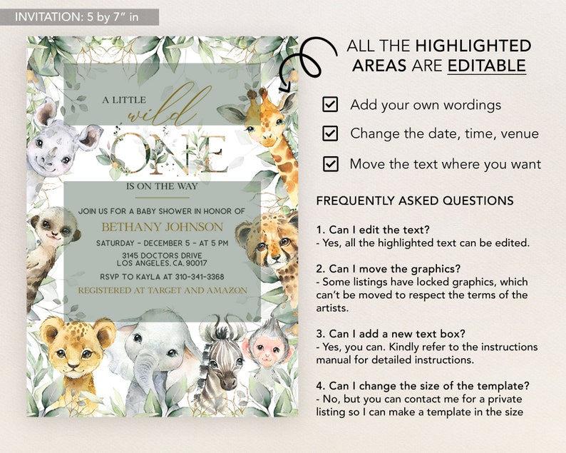 Pu&ograve; includere: Un invito a un baby shower verde e dorato con un'illustrazione ad acquerello di animali della giungla. Il testo recita "A Little Wild One is on the Way". L'invito include il nome del bambino, la data, l'ora e il luogo. Il testo "All the highlighted areas are editable" &egrave; incluso anche.