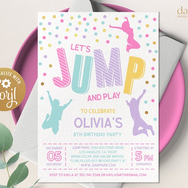 Jump Invitation, Editable Jump Birthday Invite, Trampoline Party, Bounce House Party, Jump Party, Let's Jump Party, Instant Download JP002
