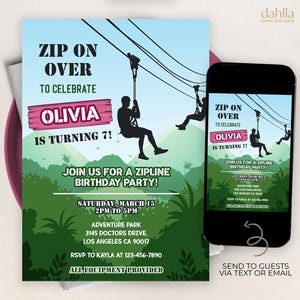 Zipline Birthday Invitation, EDITABLE Outdoor Park Party Template, Jungle Tree Top Adventure Any Age Girl Invite, Instant Download KP600