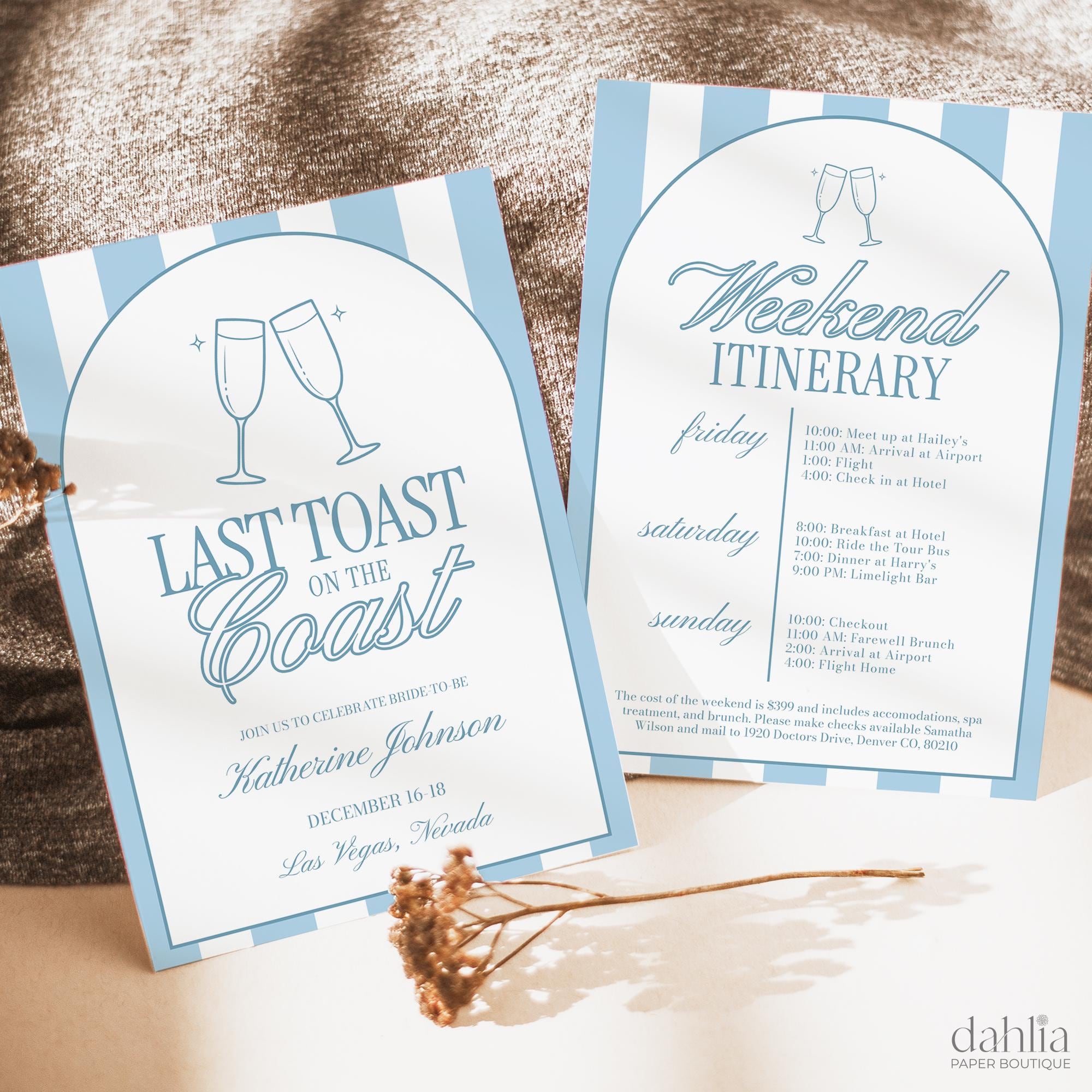 Last Toast On The Coast Bachelorette Invitation Template, Beach Bachelorette Weekend Itinerary, Luxury Social Club Cocktail Party, BC027