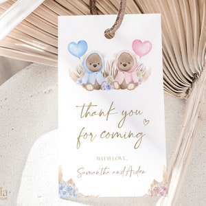 Bear Gender Reveal Thank You For Coming Gift Tag, aquarelle Gender Reveal Party Favor, He Or She, Pampas Grass, Baby Boy Or Girl Game GR002
