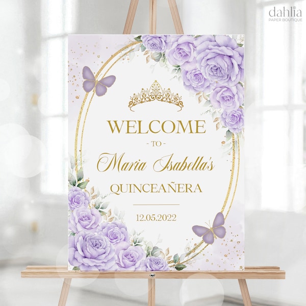 Lavender Purple and Gold Quinceañera Welcome Sign, EDITABLE Lilac Butterfly Banner, Mis Quince Anos Poster, Floral 15th Birthday Decor, Q031