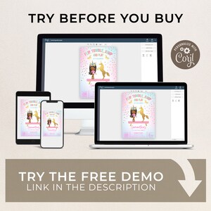 K&ouml;nnte beinhalten: Ein digitales Mockup einer druckbaren Einladung zu einer Geburtstagsparty f&uuml;r ein M&auml;dchen. Die Einladung zeigt ein Einhorn und ein M&auml;dchen, das eine Gymnastikpose macht. Der Text auf der Einladung lautet "Flip, Tumble, Jump and Play" und "Samantha's 5th Birthday Party".