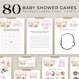 May include: A set of printable baby shower game cards with pink and green floral designs. The cards feature games like "Baby Bingo", "First Year Bucket List", "Draw Baby", "Baby or Beer Belly", "Guess the Baby", and "Labour or Love".