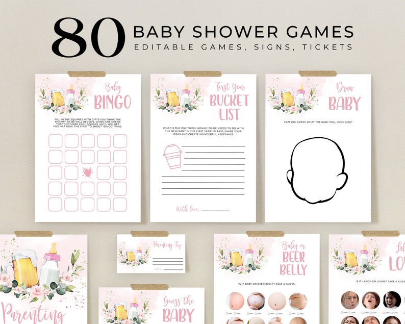 May include: A set of printable baby shower game cards with pink and green floral designs. The cards feature games like "Baby Bingo", "First Year Bucket List", "Draw Baby", "Baby or Beer Belly", "Guess the Baby", and "Labour or Love".