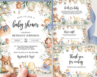 Conjunto de invitación de baby shower de rima infantil, paquete de aspersión de bebé de personaje de libro, invitación de madre ganso, conjunto de Humpty Dumpty, descarga instantánea BS159
