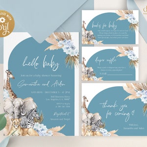 Może przedstawiać: Zestaw zaproszeń na baby shower w niebiesko-białej tonacji. Zaproszenie zawiera tekst "hello baby" oraz szczeg&oacute;ły dotyczące baby shower Samanthy i Aidena. Zawiera karty na książki, loterię pieluszkową i podziękowania. Ozdobione akwarelowymi zwierzętami safari i kwiatowymi akcentami.