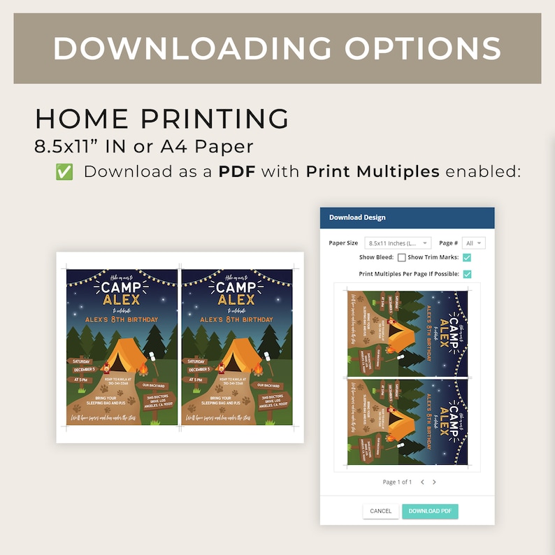 May include: A screenshot of a computer screen displaying a printable invitation design for a child's birthday party. The invitation features a cartoon illustration of a campfire and tent with the text "Camp Alex" and "Alex's 8th Birthday". The screen also shows options for downloading the design as a PDF file with print multiples enabled.