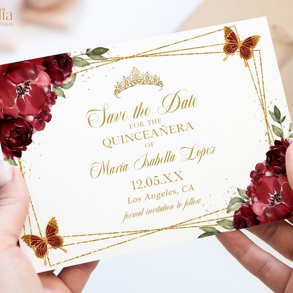 Quinceañera Save the Date Template, Burgundy Gold Floral Quince Printable, Princess Mis Quince 15 Anos 15th Birthday, Instant Download, Q013