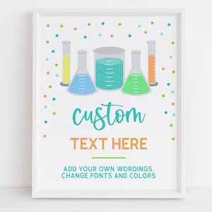 Puede incluir: Un póster enmarcado con equipos de laboratorio y líquidos de colores. La imagen incluye un vaso de precipitados, matraces y tubos de ensayo llenos de líquidos azules, verdes, amarillos y naranjas. El texto "custom TEXT HERE" se muestra en turquesa y naranja.