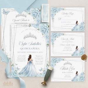 Powder Blue and Silver Quinceañera Invitation Suite, RSVP, EDITABLE 15th Birthday Save the Date, DIY Mis Quince Anos, Instant Download, Q045