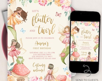 Fairy Birthday Invitation, Editable Magical Fairy Birthday Invite, Fairy Garden, Enchanted Forest, Flutter and Twirl, Instant Download KP020