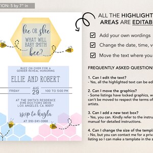 K&ouml;nnte beinhalten: Eine Einladung zu einer Gender-Reveal-Party mit Bienen-Motiv. Die Einladung ist 12,7 cm x 17,8 cm gro&szlig; und zeigt ein Wabenmuster in Rosa und Blau. Der Text lautet "he or she what will baby smith bee?" und enth&auml;lt Datum, Uhrzeit und Ort der Veranstaltung. Die Einladung enth&auml;lt auch den Text "Buzz on over for a gender reveal honouring Ellie and Robert".