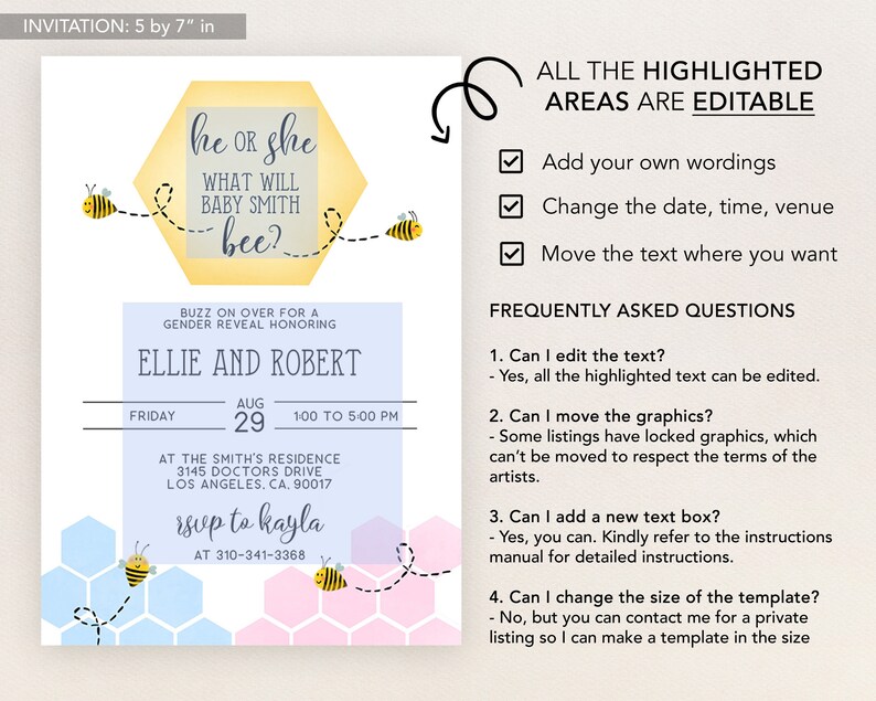 K&ouml;nnte beinhalten: Eine Einladung zu einer Gender-Reveal-Party mit Bienen-Motiv. Die Einladung ist 12,7 cm x 17,8 cm gro&szlig; und zeigt ein Wabenmuster in Rosa und Blau. Der Text lautet "he or she what will baby smith bee?" und enth&auml;lt Datum, Uhrzeit und Ort der Veranstaltung. Die Einladung enth&auml;lt auch den Text "Buzz on over for a gender reveal honouring Ellie and Robert".