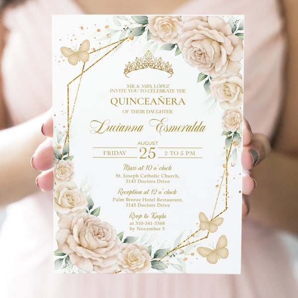 Champagne Cream and Gold Quinceañera Invitation, EDITABLE 15th Birthday Party Invite Template, Beige Mis Quince Anos, Instant Download, Q099