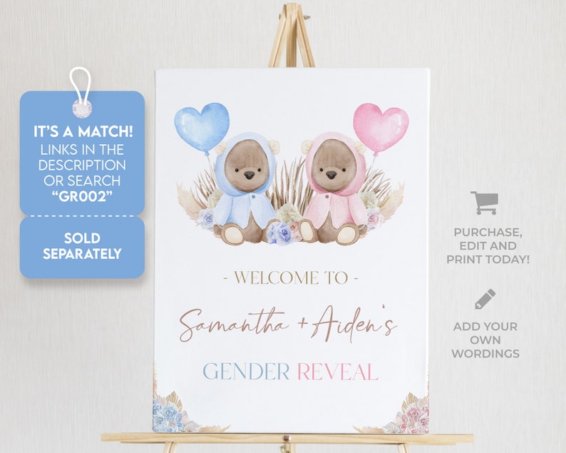 Bear Gender Reveal Thank You For Coming Gift Tag, Watercolor Gender Reveal Party Favor, He Or She, Pampas Grass, Baby Boy Or Girl Game GR002 image 6