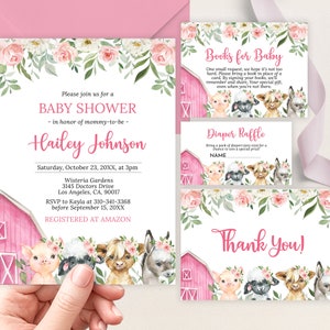 Farm Baby Shower Invitation Set, Editable Barn Animals Baby Shower Invite Bundle, Ranch Girl Shower Template, Pink Barnyard Animals, BS247