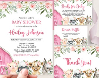 Farm Baby Shower Invitation Set, Editable Barn Animals Baby Shower Invite Bundle, Ranch Girl Shower Template, Pink Barnyard Animals, BS247