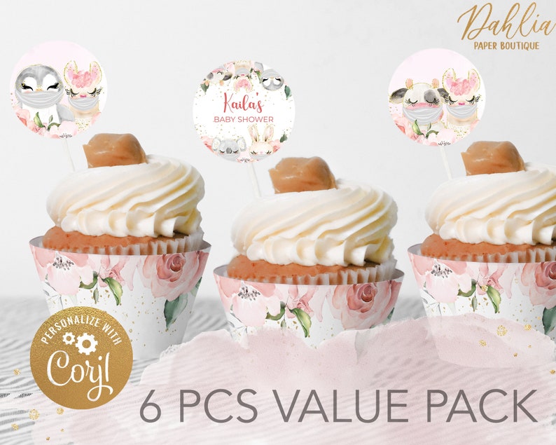 Editable SET OF 6 Cupcake Topper Corjl BS006 Blush Floral Baby Shower Floral Animals Cupcake Topper Floral Animals with Mask Baby Shower