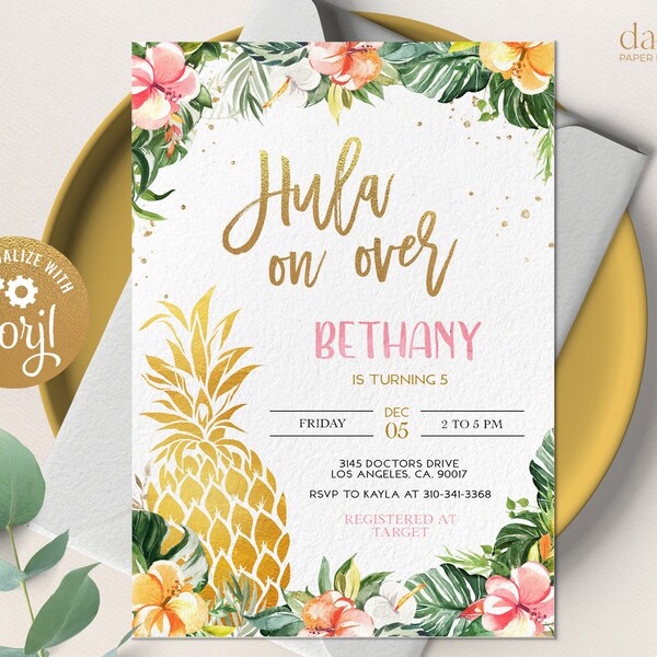 Hawaiian Pineapple Birthday Invitation, EDITABLE Luau Party Invite Template, Tropical Summer Birthday, Aloha Girls, Instant Download KP104