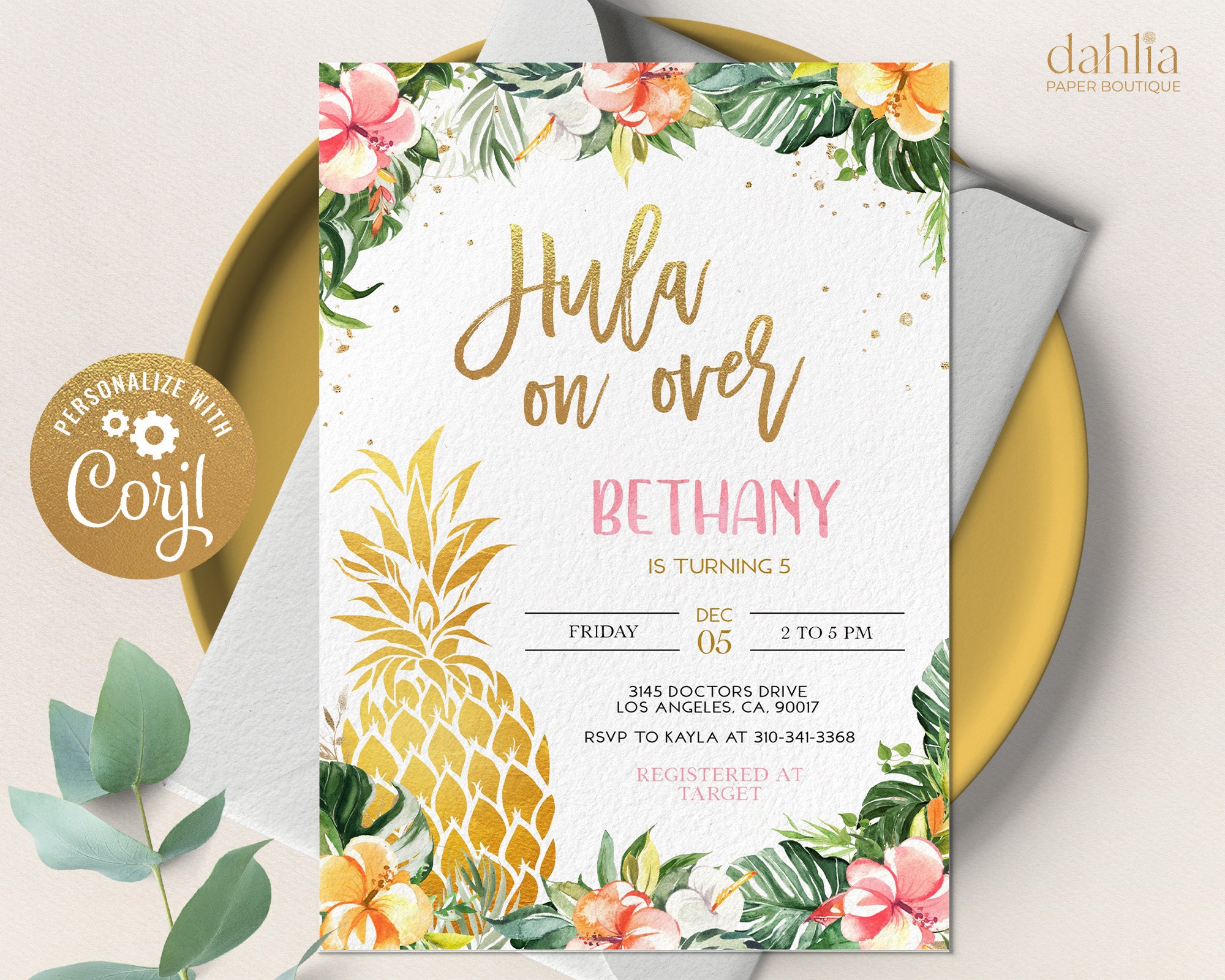 Hawaiian Pineapple Birthday Invitation EDITABLE Luau Party Invite Template Tropical Summer Birthday Aloha Girls Instant