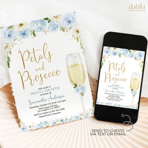 Convite para chá de panela com pétalas e Prosecco, convite editável para brunch de noiva com champanhe, cartão azul para brunch e espumante, download instantâneo, BR009