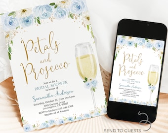 Petals and Prosecco Bridal Shower Invitation, Editable Champagne Bridal Brunch Invite, Blue Brunch and Bubbly Card, Instant Download, BR009