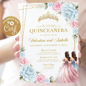 Invitación conjunta EDITABLE de Quinceañera, azul claro y rosa floral 15 cumpleaños, Mis Quince Anos, invitación de hermanas gemelas, descarga instantánea Q054