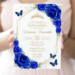 Royal Blue and Gold Quinceañera Invitation, EDITABLE 15th Birthday Party Invite Template, Mis Quince Anos Butterflies, Instant Download Q097