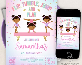 May include: A pink and blue invitation for a girl's 8th birthday party. The invitation features a gymnast on a balance beam and the text "Flip, Tumble, Jump and Play". The invitation also includes the text "Let's Celebrate Samantha's 8th Birthday Party".