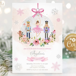 Nutcracker Birthday Invitation, EDITABLE Winter Ballet Party Invite Template, Pink Sugar Plum Fairy, Land of Sweets, Instant Download KP162